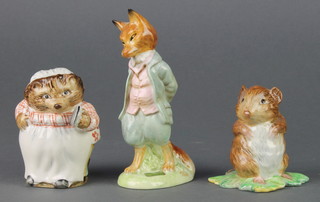 Three Beswick Beatrix Potter figures - Miss Tiggy Winkle 1107 3 1/4", Timmy Willie from Johnny Townmouse 1109 2 1/2" and Foxy Whiskered Gentleman 1277 3 3/4" 