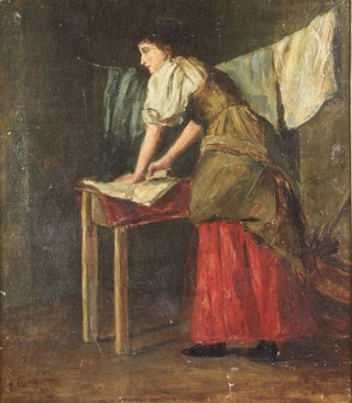 19th Century oil on canvas, unsigned, interior scene study of a lady ironing 15 1/2" x 13" 