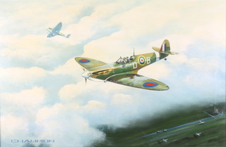 Champion, oil on canvas, signed "Spitfires in Flight" 19 1/2" x 29 1/2"  