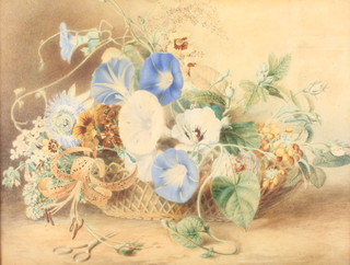 Victorian watercolours, still life studies of a basket of flowers and a basket of flowers with a birds nest with eggs 12" x 16"