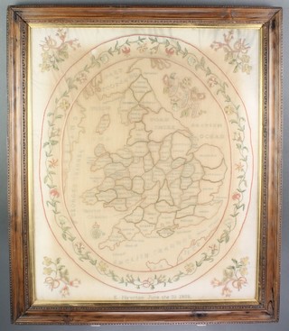 Sampler, a silk work map of England and Wales enclosed in a floral border with floral spandrels by E Newton June 10 1808 22" x 18" 