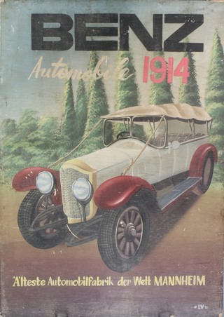 LV, oil on panel, advertising "Benz Automobile 1914", monogrammed 7 1/2" x 19 1/2" 