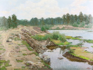 Vladimir Pavlovich Krantz (1913-2003), oil on board, signed, Russian riverscape 18" x 26" 