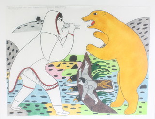 20th Century print, an Inuit study "The Flying Sled" dated 1983, indistinctly signed in pencil 23" x 29 1/2" 