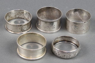 A silver napkin ring Birmingham 1929 and 4 others, 76 grams