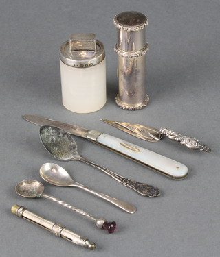 An Edwardian lip stick holder Birmingham 1911, mounted jar and 5 other items 