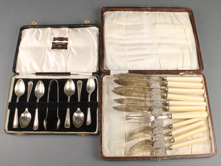 A cased set of 6 silver teaspoons and nips Sheffield 1930, 94 grams and a cased set of 6 fish eaters 