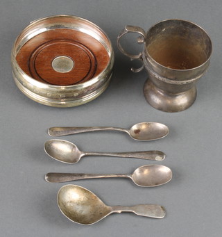 A silver caddy spoon of plain form Edinburgh 1838, 3 spoons, a cup and a coaster 