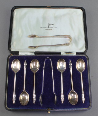 A set of 6 silver apostle teaspoons and nips Sheffield 1924 and a pair of silver nips, 136 grams