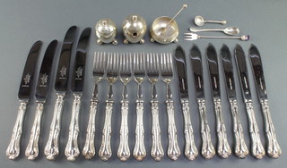 An Edwardian silver 3 piece condiment of ovoid form Sheffield 1904/5, 2 spoons and a fork 136 grams, minor plated cutlery 
