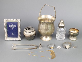 A silver plated ice bucket and minor plated wares etc 