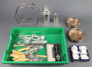 An Art Deco silver plated cocktail shaker, a pair of ditto coasters and minor cutlery etc 