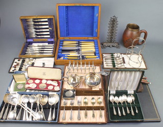 Six cased silver plated sets, other plated wares and a small quantity of coins