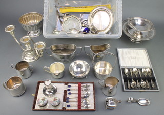 A silver plated pedestal bowl and minor plated items 