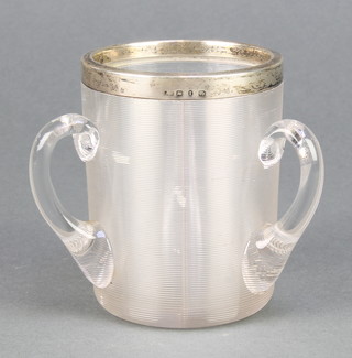 A Victorian 3 handled glass cup with ribbed decoration and silver rim Birmingham 1893 3 3/4" 