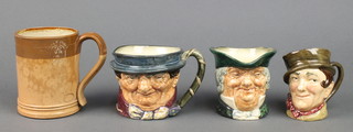 A Doulton Lambeth half pint mug 4", 3 Doulton character jugs - Souvenir from Bentalls, Jubilee Year 1935, Parson Brown 3", Souvenir from Bentalls, Jubilee Year 1935 and Tony Weller 3" and Sam Weller A mark 3" 