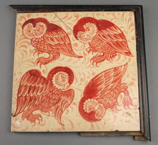 A William De Morgan tile ochre decorated with barn owls 8" x 8" 