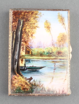 A metal cigarette case with enamelled decoration depicting a landscape 3" x 2 1/4" 