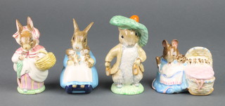 Four Beswick Beatrix Potter figures - Benjamin Bunny 4", Mrs Rabbit 4", Mrs Rabbit and Bunnies 3 3/4" and Hunca Munca 3" 