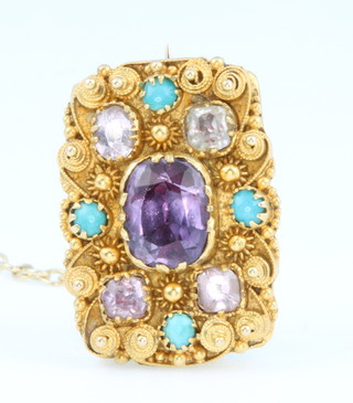 A Victorian high carat yellow gold amethyst and turquoise etruscan brooch 