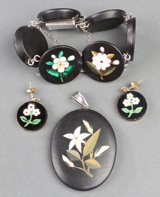 A Pietra Dura 6 plaque bracelet with similar earrings and pendant 