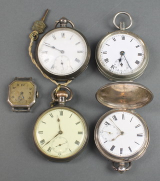 A silver cased key wind pocket watch with seconds at 6 o'clock, a mechanical ditto and a silver cased hunter key wind pocket watch together with a wristwatch and a plated pocket watch 