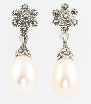 A pair of silver marcasite and cultured pearl drop earrings 