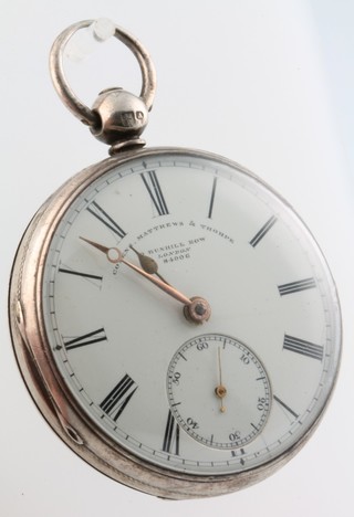 A silver key wind pocket watch with seconds at 6 o'clock, the dial inscribed Cozens.Mathews and Thorpe 10 Bunhill Row London 84006