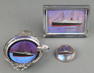 A silver plated mounted ashtray with butterfly wing decoration, a ditto picture and brooch 