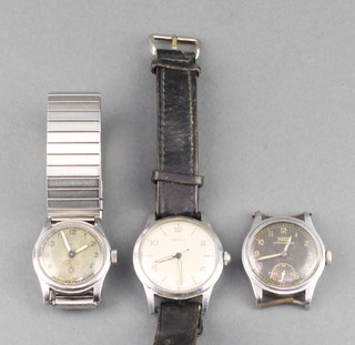 A gentleman's 1960's steel case Mira wristwatch on a leather strap, a ditto Turner on a metal bracelet and a black faced Tissot wrist watch with seconds at 6 o'clock 