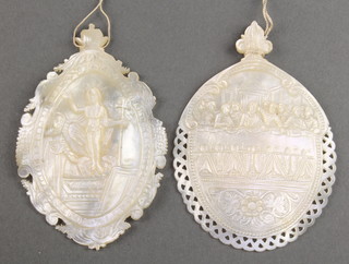 Two 19th Century carved mother of pearl baptismal shells, 1 decorated with a view of The Last Supper the other Christ Risen 3 1/2" 