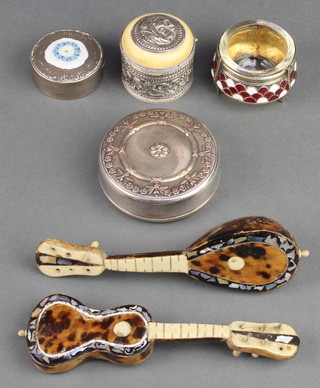 A Russian silver and enamel table salt with glass liner, 2 boxes and 2 mother of pearl mandolins 