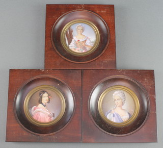 20th Century miniatures, 3 studies of 18th Century ladies 2 1/2" 