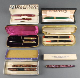 A cased Sheaffer fountain pen and propelling pencil, 3 other cased pen sets and 2 pens 