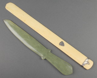 A silver mounted ivory paper knife, a nephrite ditto in the form of a knife 