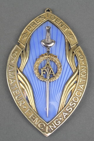 A silver and guilloche enamel medallion presented to the Amateur Fencing Association Birmingham 1960, 70 grams 
