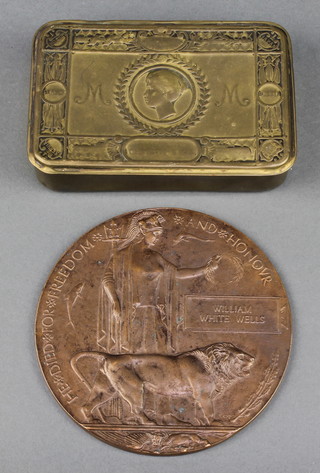 A World War II death plaque to William White Wells together with a Christmas 1914 chocolate box