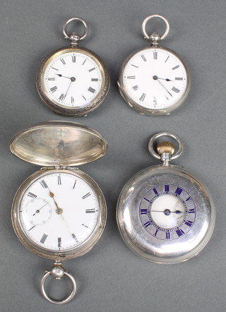 A silver and enamel half hunter pocket watch with seconds at 6 o'clock, a key wind silver hunter pocket watch and 2 open faced pocket watches (4)