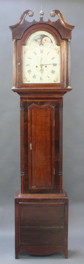 A Georgian 8 day striking longcase clock, the 12" arched painted dial with moon phase dials, high water at the new passage, Roman numerals, floral spandrels and subsidiary second dial, marked J G Griffiths Monmouth, contained in an inlaid oak and mahogany case 90" 