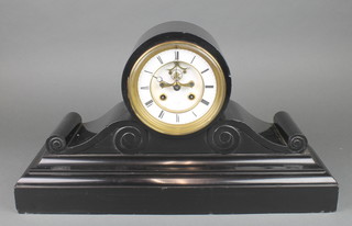 A Victorian 8 day striking mantel clock with visible escapement and porcelain dial contained in a black marble case, the dial marked H Y Marc Paris 