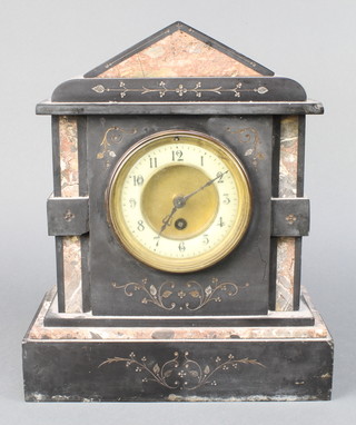 A Victorian French 8 day timepiece contained in a black 2 colour marble architectural case with porcelain dial and Arabic numerals 