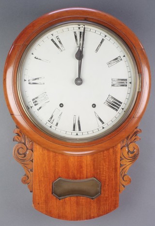 An 8 day striking drop dial wall clock with 11 1/2" painted dial and Roman numerals contained in a mahogany case 