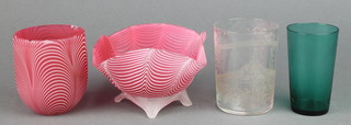 A Victorian pink glass striated shade 3 1/2", a ditto bowl and 2 beakers 