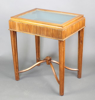 A rectangular walnut Art Deco bijouterie table with hinged lid, raised on square tapering supports with X framed stretcher 26" x 22"w x 17"d 