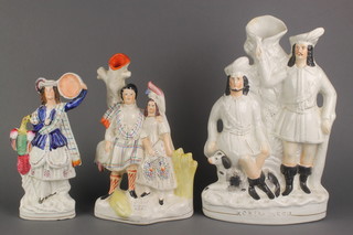 A Victorian Staffordshire flat back figure of a Scottish lady 10", a ditto Burns and His Mary 12" and Robin Hood 14 1/2" 