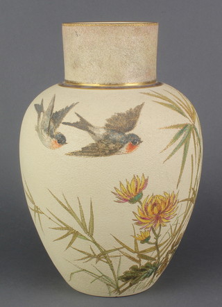 An Edwardian aesthetic oviform vase decorated with birds amongst flowers 10" 