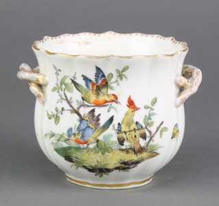 A Dresden 2 handled bowl decorated with exotic birds and insects with rustic handles 4" 
