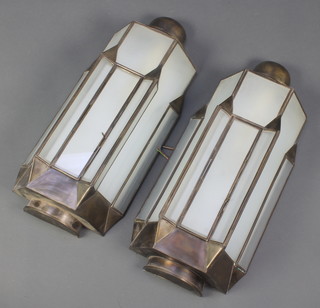 A pair of Art Deco style metal and glass shaped wall lanterns 23"h x 10"w x 6"d 
