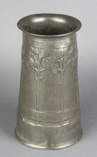 A cylindrical Tudric pewter vase decorated stylised trees marked For.Old.Times.Sake, the base marked Tudric 10 0, 8"