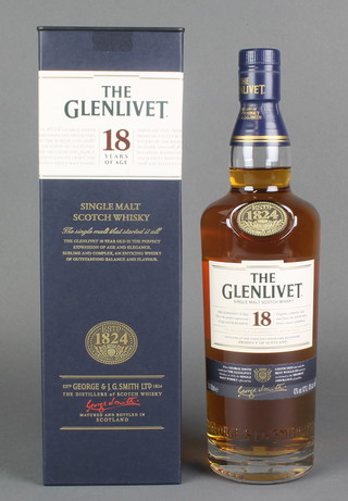 A 70cl bottle of The Glenlivet 18 year old, aged single malt whisky 